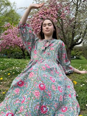 Pure Cotton Long Dress Indian Block Print Boho Colourful Summer Earthy Elegant Comfy Daywear Mom Outfit| Green Pink Dream Garden - Image 3