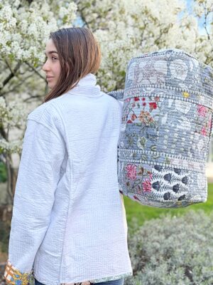 Quilted Patchwork Duffle Tote Shoulder Grey Bag Cotton Eco friendly Sustainable Sturdy Travel | Yoga Shopping Beach Artist Boho Weekender - Image 3