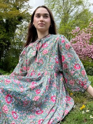 Pure Cotton Long Dress Indian Block Print Boho Colourful Summer Earthy Elegant Comfy Daywear Mom Outfit| Green Pink Dream Garden - Image 4