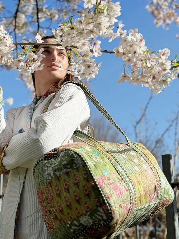 Quilted Patchwork Duffle Tote Shoulder Green Bag Cotton Eco friendly Sustainable Sturdy Travel | Yoga Shopping Beach Artist Boho Weekender