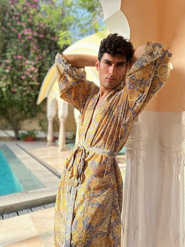Men's Silky Boho Kimonos Dressing Robe Urban Man House Beach Artist Summer King Beach Elegant Boho Mustard Charcoal Grey Digital |Lover Gift
