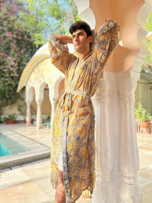 Men's Silky Boho Kimonos Dressing Robe Urban Man House Beach Artist Summer King Beach Elegant Boho Mustard Charcoal Grey Digital |Lover Gift - Image 3