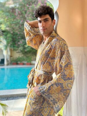 Men's Silky Boho Kimonos Dressing Robe Urban Man House Beach Artist Summer King Beach Elegant Boho Mustard Charcoal Grey Digital |Lover Gift - Image 6