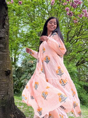 Pure Cotton Maxi Dress Indian Block Print Summer Earthy Nature Beach Goddess Comfy Daywear Boho Beach Outfit | White Mustard Peach Marigold - Image 3
