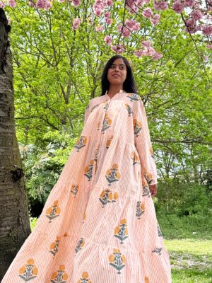 Pure Cotton Maxi Dress Indian Block Print Summer Earthy Nature Beach Goddess Comfy Daywear Boho Beach Outfit | White Mustard Peach Marigold - Image 4
