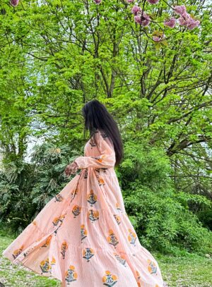 Pure Cotton Maxi Dress Indian Block Print Summer Earthy Nature Beach Goddess Comfy Daywear Boho Beach Outfit | White Mustard Peach Marigold - Image 5