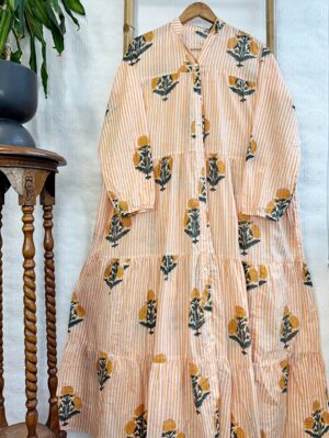 Pure Cotton Maxi Dress Indian Block Print Summer Earthy Nature Beach Goddess Comfy Daywear Boho Beach Outfit | White Mustard Peach Marigold - Image 6
