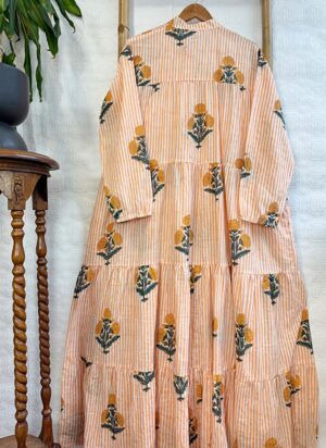 Pure Cotton Maxi Dress Indian Block Print Summer Earthy Nature Beach Goddess Comfy Daywear Boho Beach Outfit | White Mustard Peach Marigold - Image 7