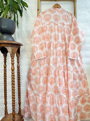 Pure Cotton Maxi Dress Indian Block Print Summer Earthy Nature Beach Goddess Comfy Daywear Boho Beach Outfit | White Peach Seashell Mermaid - Image 3