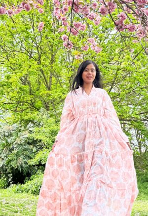 Pure Cotton Maxi Dress Indian Block Print Summer Earthy Nature Beach Goddess Comfy Daywear Boho Beach Outfit | White Peach Seashell Mermaid - Image 4