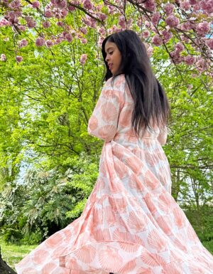 Pure Cotton Maxi Dress Indian Block Print Summer Earthy Nature Beach Goddess Comfy Daywear Boho Beach Outfit | White Peach Seashell Mermaid - Image 5