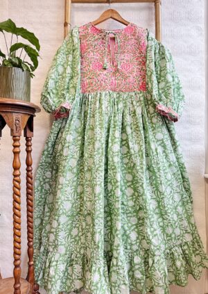 Pure Cotton Long Dress Indian Block Print Boho Colourful Elegant Comfy Daywear Mom Outfit | Quilted Green Pink Bib Lover Summer Dream - Image 4