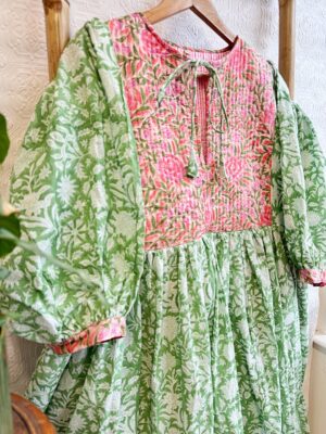 Pure Cotton Long Dress Indian Block Print Boho Colourful Elegant Comfy Daywear Mom Outfit | Quilted Green Pink Bib Lover Summer Dream - Image 5