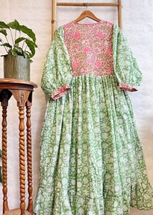Pure Cotton Long Dress Indian Block Print Boho Colourful Elegant Comfy Daywear Mom Outfit | Quilted Green Pink Bib Lover Summer Dream - Image 6