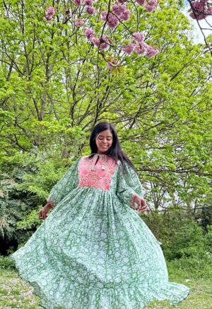 Pure Cotton Long Dress Indian Block Print Boho Colourful Elegant Comfy Daywear Mom Outfit | Quilted Green Pink Bib Lover Summer Dream - Image 2