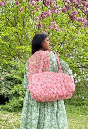 Pure Cotton Long Dress Indian Block Print Boho Colourful Elegant Comfy Daywear Mom Outfit | Quilted Green Pink Bib Lover Summer Dream - Image 3