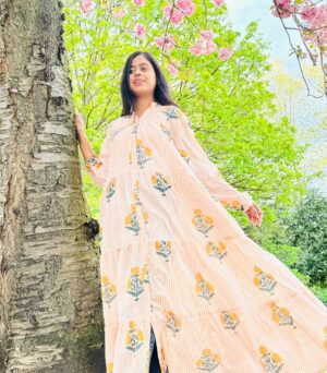 Pure Cotton Maxi Dress Indian Block Print Summer Earthy Nature Beach Goddess Comfy Daywear Boho Beach Outfit | White Mustard Peach Marigold