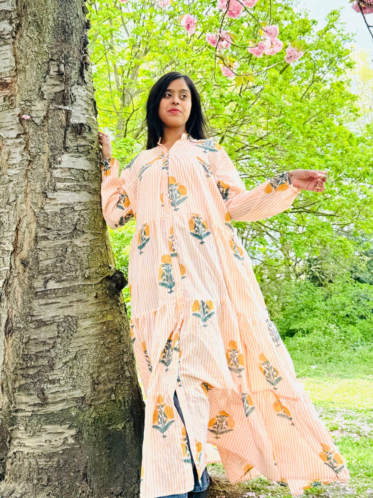 Pure Cotton Maxi Dress Indian Block Print Summer Earthy Nature Beach Goddess Comfy Daywear Boho Beach Outfit | White Mustard Peach Marigold - Image 5