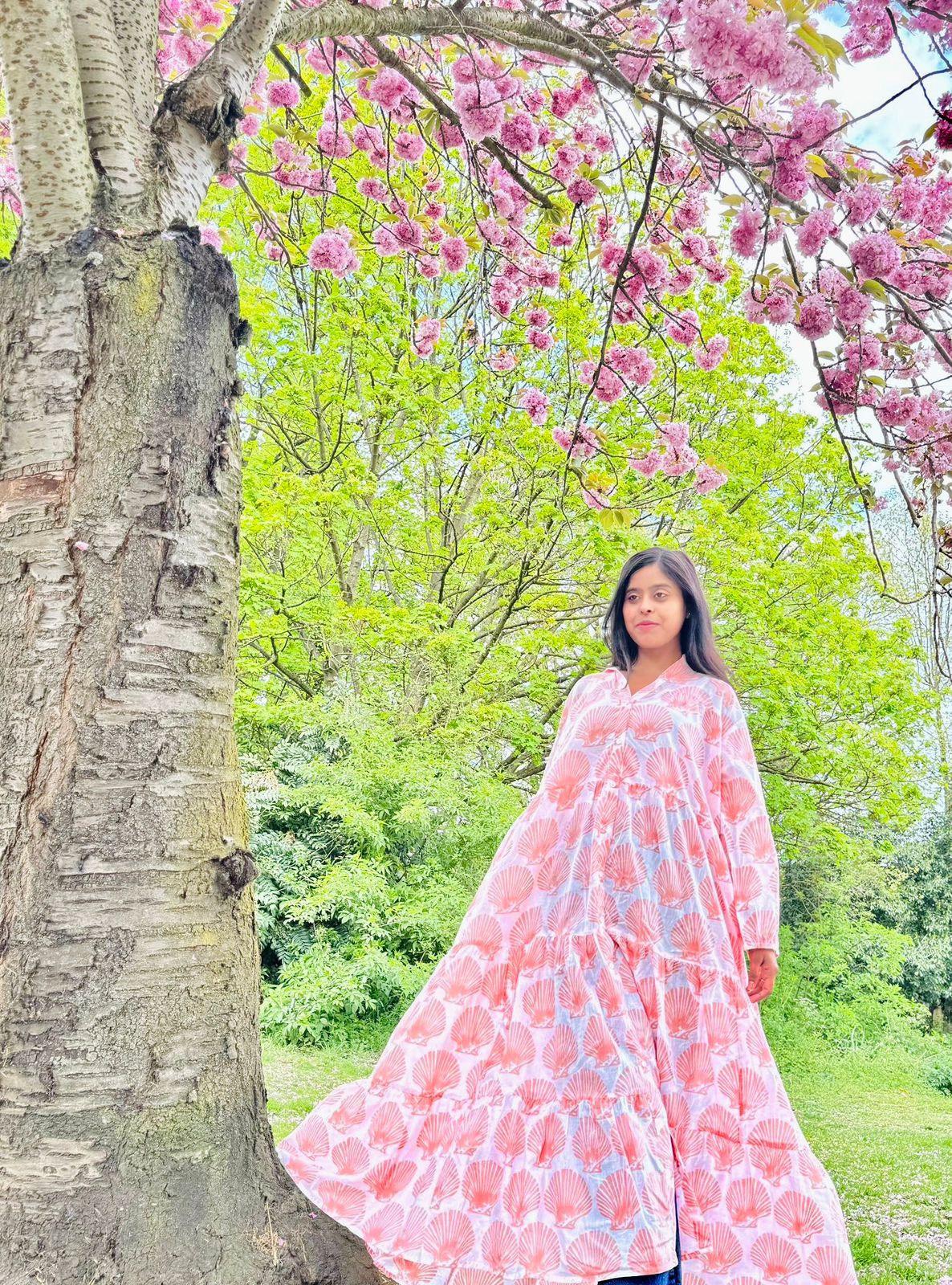 Pure Cotton Maxi Dress Indian Block Print Summer Earthy Nature Beach Goddess Comfy Daywear Boho Beach Outfit | White Peach Seashell Mermaid - Image 5