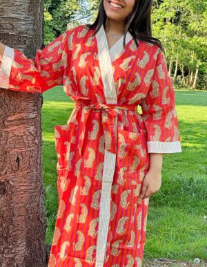 Pure Cotton Handprinted House Robe Summer Kimono | Floral Beach Coverup/Comfy Maternity Mom | Spring Orange Quirky Beige Black Cheetah Leopard Animal