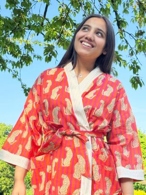 Pure Cotton Handprinted House Robe Summer Kimono | Floral Beach Coverup/Comfy Maternity Mom | Spring Orange Quirky Beige Black Cheetah Leopard Animal - Image 3