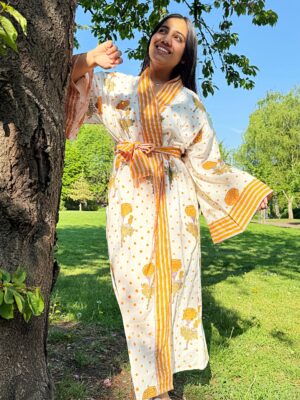 Pure Cotton Handprinted House Robe Summer Kimono | Floral Beach Coverup/Comfy Maternity Mom | Spring Cream Mustard Orange Yellow Marigold Stripe
