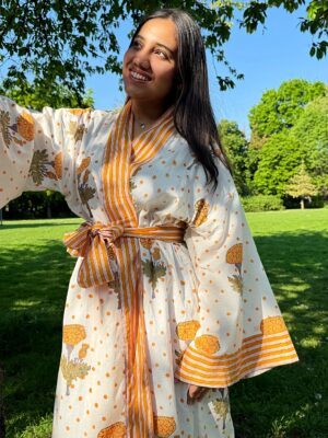 Pure Cotton Handprinted House Robe Summer Kimono | Floral Beach Coverup/Comfy Maternity Mom | Spring Cream Mustard Orange Yellow Marigold Stripe - Image 2