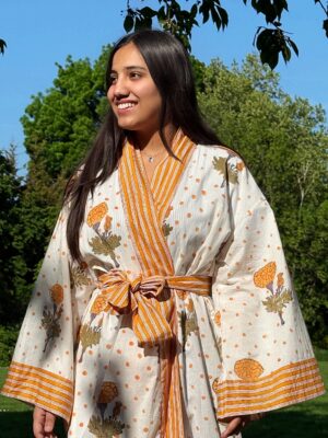 Pure Cotton Handprinted House Robe Summer Kimono | Floral Beach Coverup/Comfy Maternity Mom | Spring Cream Mustard Orange Yellow Marigold Stripe - Image 3