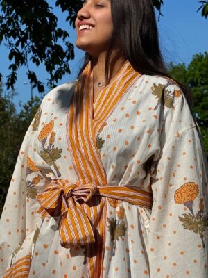 Pure Cotton Handprinted House Robe Summer Kimono | Floral Beach Coverup/Comfy Maternity Mom | Spring Cream Mustard Orange Yellow Marigold Stripe - Image 4