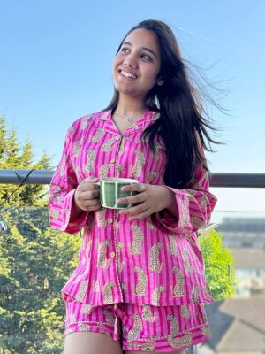 Cotton Hand Printed Indian Block-print Pure Cotton Floral Shorts Set | Long Sleeve Top | Spring Summer Sleep Lounge Wear | Summer Crush Pink Leopard Cheetah