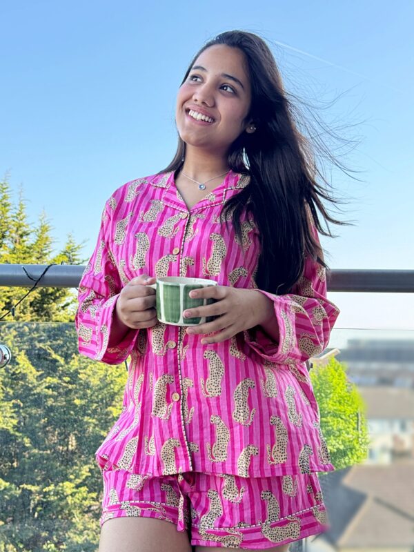 Cotton Hand Printed Indian Block-print Pure Cotton Floral Shorts Set | Long Sleeve Top | Spring Summer Sleep Lounge Wear | Summer Crush Pink Leopard Cheetah