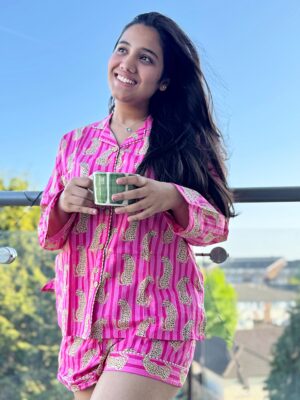 Cotton Hand Printed Indian Block-print Pure Cotton Floral Shorts Set | Long Sleeve Top | Spring Summer Sleep Lounge Wear | Summer Crush Pink Leopard Cheetah - Image 2
