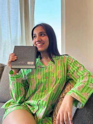 Cotton Hand Printed Indian Block-print Pure Cotton Floral Shorts Set | Long Sleeve Top | Spring Summer Sleep Lounge Wear | Summer Lime Green Punch Leopard Cheetah