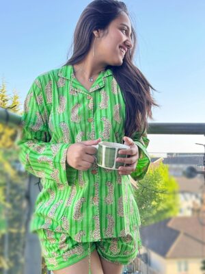 Cotton Hand Printed Indian Block-print Pure Cotton Floral Shorts Set | Long Sleeve Top | Spring Summer Sleep Lounge Wear | Summer Lime Green Punch Leopard Cheetah - Image 2