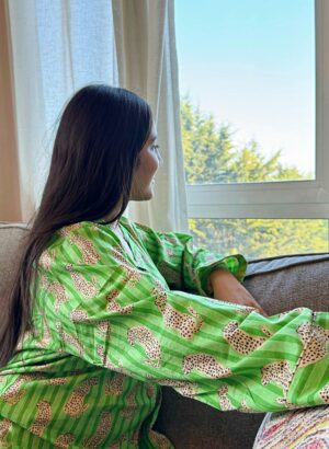 Cotton Hand Printed Indian Block-print Pure Cotton Floral Shorts Set | Long Sleeve Top | Spring Summer Sleep Lounge Wear | Summer Lime Green Punch Leopard Cheetah - Image 3