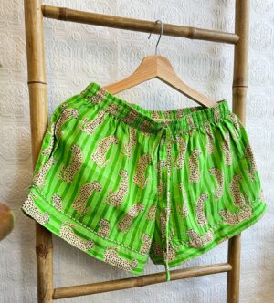 Cotton Hand Printed Indian Block-print Pure Cotton Floral Shorts Set | Long Sleeve Top | Spring Summer Sleep Lounge Wear | Summer Lime Green Punch Leopard Cheetah - Image 4