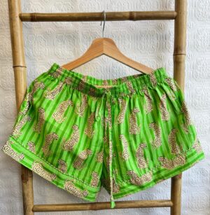 Cotton Hand Printed Indian Block-print Pure Cotton Floral Shorts Set | Long Sleeve Top | Spring Summer Sleep Lounge Wear | Summer Lime Green Punch Leopard Cheetah - Image 5