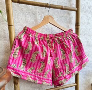 Cotton Hand Printed Indian Block-print Pure Cotton Floral Shorts Set | Long Sleeve Top | Spring Summer Sleep Lounge Wear | Summer Crush Pink Leopard Cheetah - Image 5