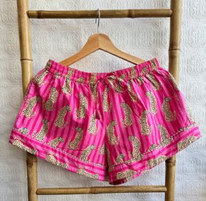 Cotton Hand Printed Indian Block-print Pure Cotton Floral Shorts Set | Long Sleeve Top | Spring Summer Sleep Lounge Wear | Summer Crush Pink Leopard Cheetah - Image 4