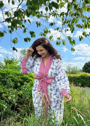 Pure Cotton Block-print House Robe Summer Kimono | Floral Beach Coverup/Comfy Lounge Animal Goddess Totem Magic | White Green Tiger - Image 2