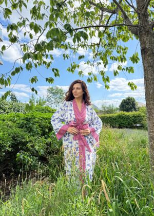 Pure Cotton Block-print House Robe Summer Kimono | Floral Beach Coverup/Comfy Lounge Animal Goddess Totem Magic | White Green Tiger - Image 3