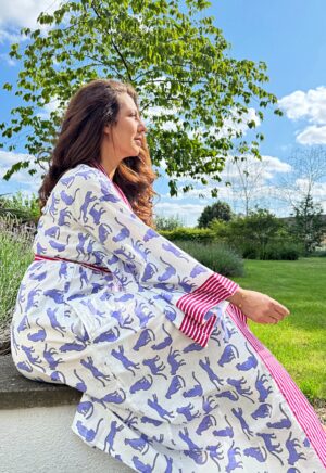 Pure Cotton Block-print House Robe Summer Kimono | Floral Beach Coverup/Comfy Lounge Animal Goddess Totem Magic | White Green Tiger