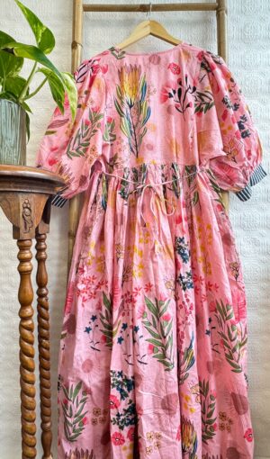 Pure Cotton Long Dress Indian Block Print Boho Colourful Summer Earthy Elegant Comfy Daywear Mom Outfit Candy Pink Bouquet Gardenia - Image 3