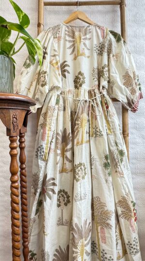 Pure Cotton Long Dress Indian Block Print Boho Colourful Summer Earthy Elegant Comfy Daywear Mom Outfit Almond White Palm Tree Bohemia - Image 3