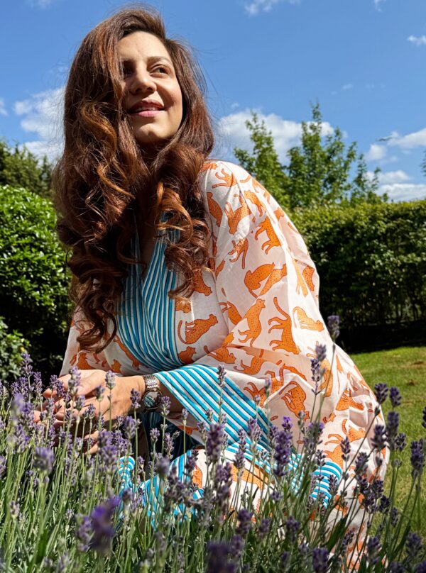 Pure Cotton Block-print House Robe Summer Kimono Beach Coverup/Comfy Lounge Animal Goddess Totem Magic | White Yellow Cheetah Leopard Purple