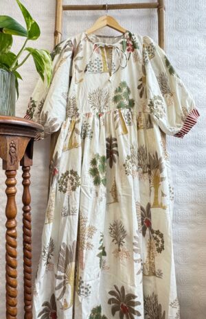 Pure Cotton Long Dress Indian Block Print Boho Colourful Summer Earthy Elegant Comfy Daywear Mom Outfit Almond White Palm Tree Bohemia - Image 4
