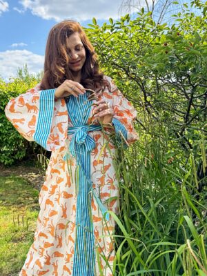 Pure Cotton Block-print House Robe Summer Kimono Beach Coverup/Comfy Lounge Animal Goddess Totem Magic | White Yellow Cheetah Leopard Purple - Image 2