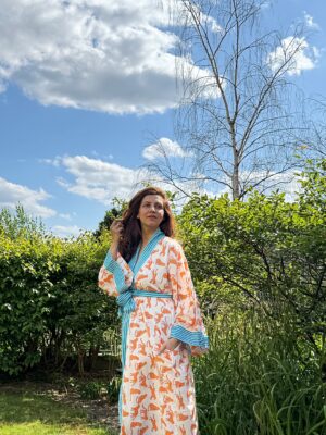 Pure Cotton Block-print House Robe Summer Kimono Beach Coverup/Comfy Lounge Animal Goddess Totem Magic | White Yellow Cheetah Leopard Purple - Image 4