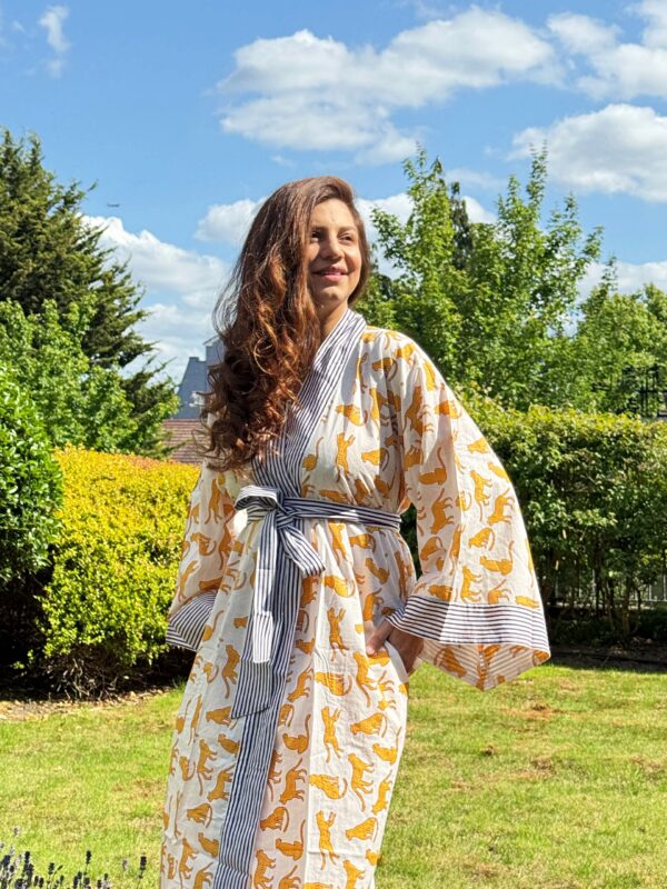 Pure Cotton Block-print House Robe Summer Kimono Beach Coverup/Comfy Lounge Animal Goddess Totem Magic | White Orange Aqua Cheetah Leopard