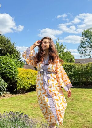 Pure Cotton Block-print House Robe Summer Kimono Beach Coverup/Comfy Lounge Animal Goddess Totem Magic | White Orange Aqua Cheetah Leopard - Image 4